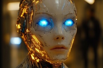 Poster - Futuristic humanoid robot with glowing blue eyes showcasing advanced technology