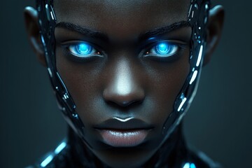 Aufkleber - Futuristic robot with glowing blue eyes displays advanced technology and intricate design in a dark setting