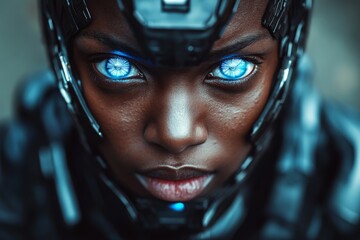 Poster - Futuristic cyborg with glowing blue eyes stares intensely at the viewer in a dystopian setting