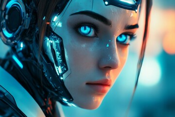 Aufkleber - Futuristic female android with glowing blue eyes in a cybernetic setting showcasing advanced technology