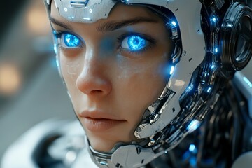 Aufkleber - High-tech cyborg with glowing blue eyes showcases futuristic robotics in a cybernetic setting