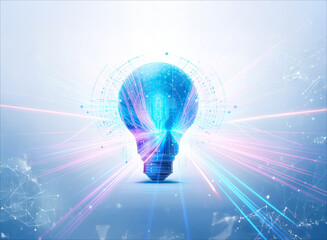 Poster - bright light bulb in double exposure, radiating beams of light against a gradient backdrop. it symbo