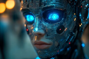 Aufkleber - Intricate close-up of a futuristic robotic face with glowing blue eyes and detailed circuitry in a dimly lit setting