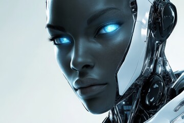 Aufkleber - Futuristic humanoid robot with glowing blue eyes showcasing advanced technology and design in a sleek environment