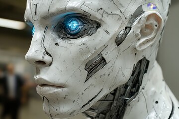 Fototapete - Robotic figure with glowing blue eyes exhibits advanced design and technology at technology conference