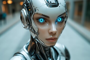 Poster - Futuristic robot with glowing blue eyes in a modern urban environment exploring advanced technology