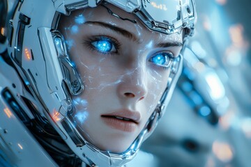 Poster - Futuristic humanoid with glowing blue eyes in a high-tech environment exploring advanced technology