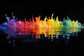 Poster - Colorful ink splashes creating vibrant patterns on calm water surface, Rainbow colored ink falls on the water