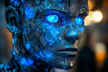 Poster - Detailed close-up of a futuristic robot with glowing blue eyes in a dimly lit urban setting