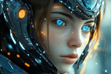 Poster - Futuristic female soldier with glowing blue eyes in high-tech armor during a sci-fi setting