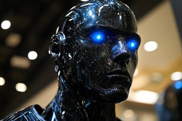 Fototapete - Futuristic robot with bright blue eyes on display at a technology expo showcasing advanced artificial intelligence models