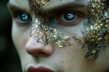 Poster - Striking close-up portrait of a person with metallic face paint and captivating eyes in an artistic setting