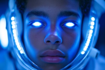 Poster - Young astronaut in a futuristic space suit, glowing visor illuminating a focused expression, exploring the cosmos in a vibrant blue atmosphere