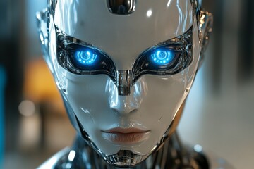 Aufkleber - Futuristic humanoid robot with glowing blue eyes in a high-tech environment