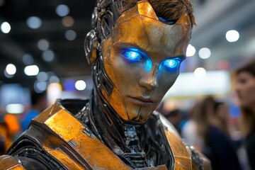 Aufkleber - Robot character with glowing blue eyes presents stunning visual display at technology convention