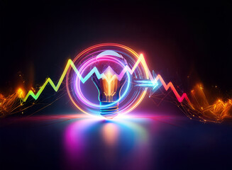 Poster - A vibrant double exposure image featuring a neon light bulb encircled by colorful glowing waves, creating a dynamic and futuristic energy concept.
