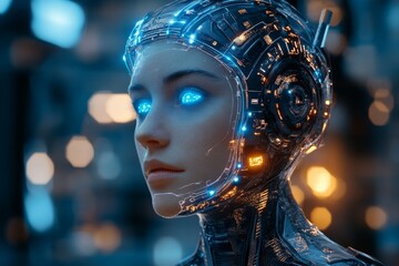 Poster - Futuristic robot features intricate design and glowing blue eyes in a high-tech environment