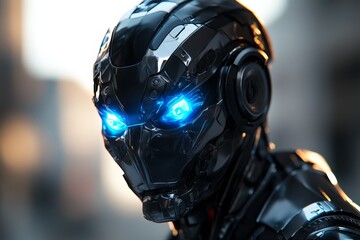 Poster - Futuristic robot with glowing blue eyes stands in an urban setting at dusk