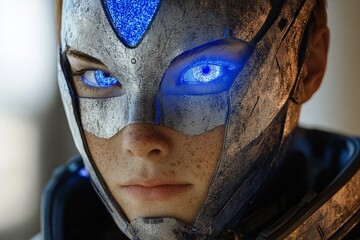 Poster - Close-up view of a futuristic character with blue glowing eyes and metallic armor, showcasing advanced technology and intricate design