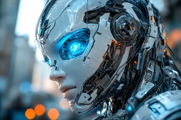 Poster - Futuristic humanoid robot with glowing blue eyes in an urban setting during twilight