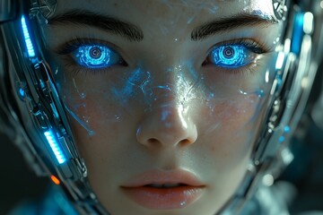 Poster - Close-up view of a futuristic humanoid robot with glowing blue eyes showcasing advanced technology and intricate details