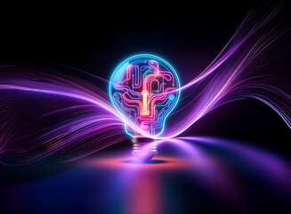 Poster - double exposure: light bulb form filled with circuit board. bright glowing lines and vibrant colors 