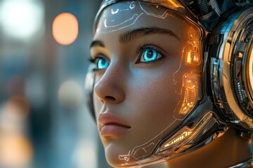 Aufkleber - Futuristic human-like robot with glowing blue eyes and advanced technology background in a modern setting