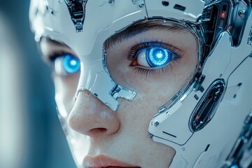 Aufkleber - Futuristic robotic figure with glowing blue eyes explores advanced technology in a sleek environment