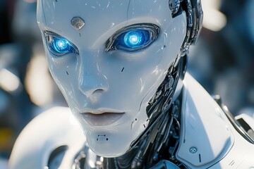 Fototapete - Futuristic humanoid robot with glowing blue eyes showcasing advanced technology in a modern exhibition hall