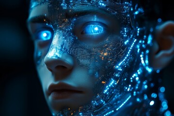 Poster - Close-up view of a futuristic cyborg face with glowing blue eyes and intricate circuitry details, highlighting advanced technology and design