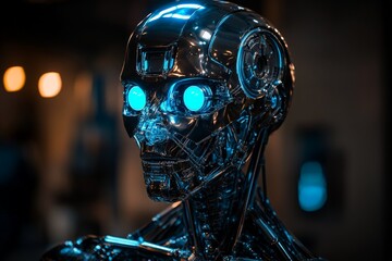 Fototapete - Shiny humanoid robot with glowing blue eyes showcased in a futuristic exhibition at a technology fair