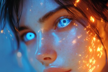 Aufkleber - Bright blue eyes and glowing features enhance a futuristic portrait in vibrant colors