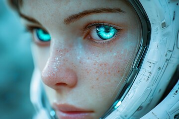 Poster - Futuristic astronaut with glowing blue eyes exploring a distant planet in a high-tech helmet during a cosmic adventure