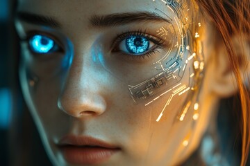 Aufkleber - Futuristic woman with glowing circuit designs in her eyes showcasing technology and beauty