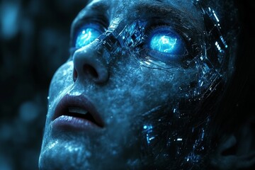 Aufkleber - Futuristic humanoid with glowing blue eyes and intricate metallic skin in a dark, high-tech environment