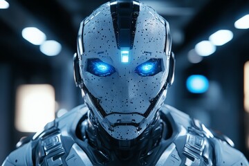 Poster - Futuristic robot with glowing blue eyes stands in a high-tech setting showcasing advancements in technology