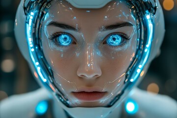 Aufkleber - Futuristic humanoid robot with glowing blue eyes in a high-tech environment