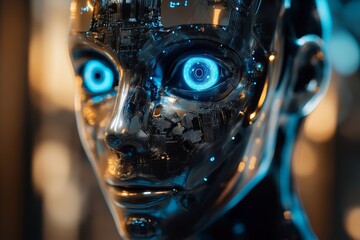 Aufkleber - Close-up view of a futuristic robot face with glowing blue eyes and intricate circuits reflecting advanced technology