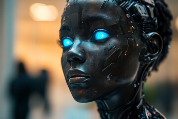 Aufkleber - Futuristic robotic figure with glowing blue eyes displayed in a modern urban setting