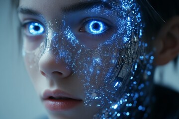 Aufkleber - Futuristic humanoid with glowing blue features and intricate mechanical details in a close-up shot