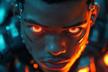Aufkleber - Futuristic young man with glowing orange eyes in a high-tech cybernetic environment