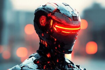Aufkleber - Futuristic humanoid robot with glowing features against an urban backdrop during twilight