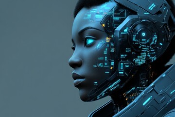 Aufkleber - Futuristic cybernetic woman showcasing intricate technology and glowing elements in a serene environment