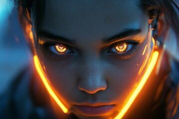 Poster - Close-up of a futuristic character with glowing eyes and neon accents in a desolate setting at dusk