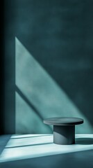 Poster - Minimalist Design Featuring a Round Table Basking in Natural Light With Shadows Casting on a Textured Wall in a Serene Environment