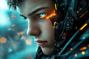 Poster - Young cyborg with glowing blue eye in futuristic environment showcases advanced technology and human integration