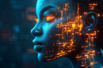 Aufkleber - Vertical profile view of a young woman with glowing circuitry patterns, embodying advanced technology aesthetics