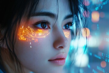 Poster - Woman with futuristic facial technology standing near a digital screen at night in a cyberpunk environment