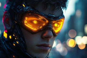 Poster - Futuristic character with glowing orange goggles in an urban setting during twilight