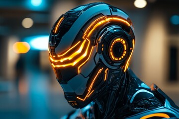 Aufkleber - Futuristic humanoid robot with glowing orange accents in a modern urban environment at night